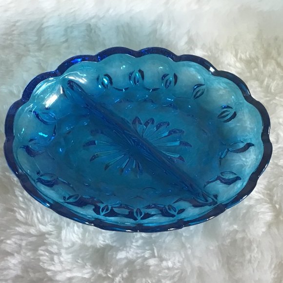 VTG Indiana Blue Glass Oval Divided Dish - Picture 3 of 5